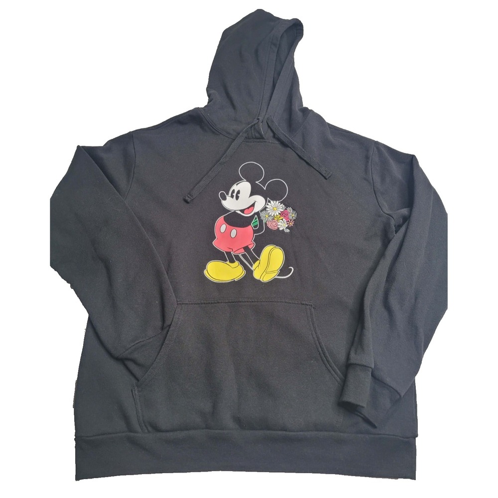 Disney Mickey Mouse Women's XL. Black Hoodie Embroidered Flowers.